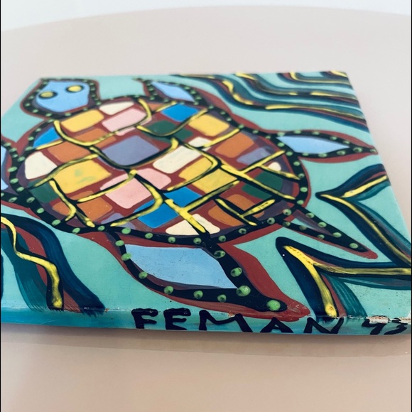 Lynda Feman Vintage Festive Turtle🐢Ceramic Trivet - Picture 5 of 16